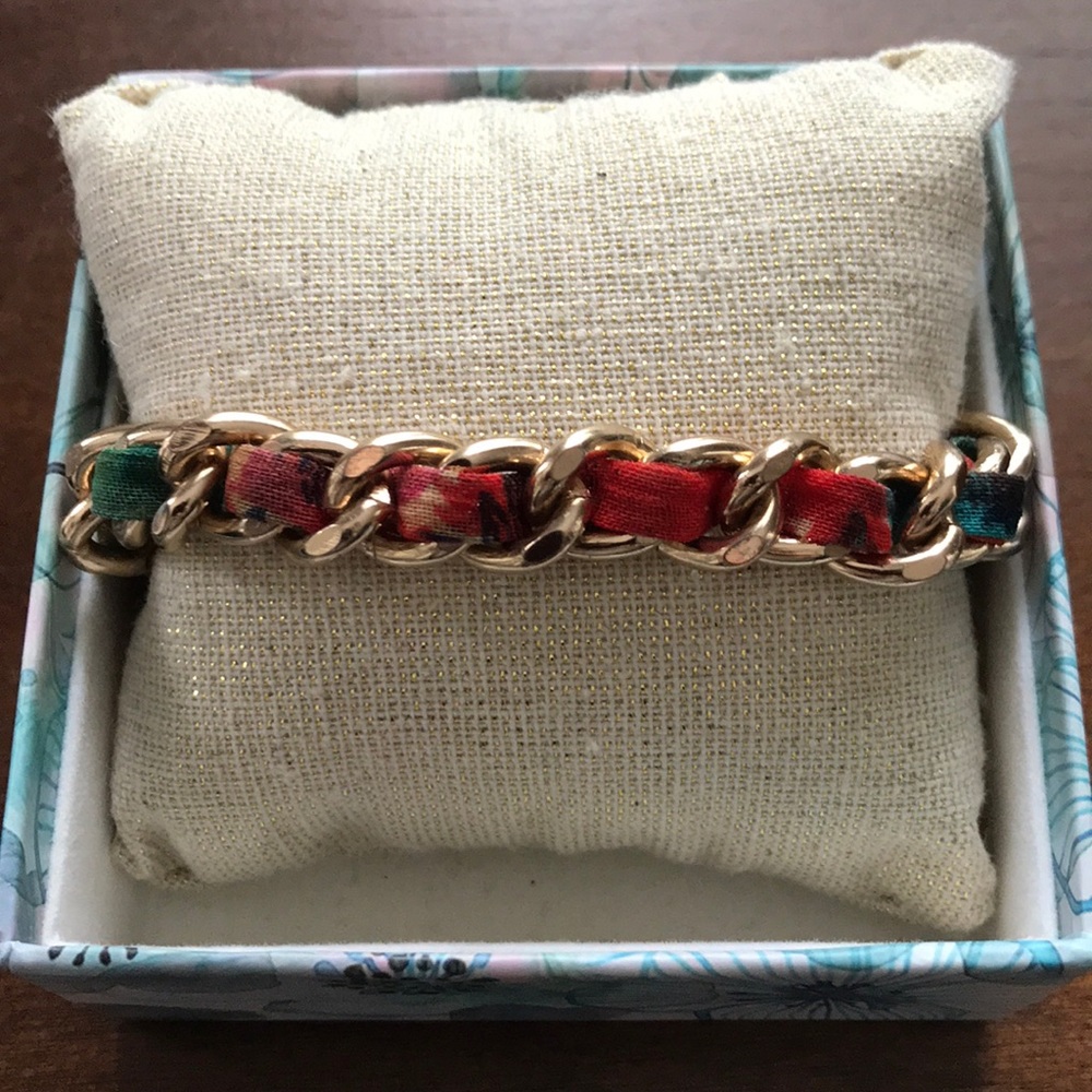 Anthropologie- Gold bracelet with fabric